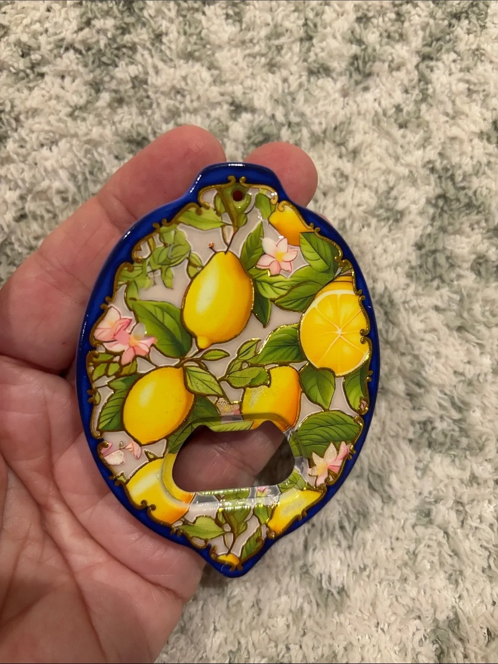 Lemon-Shaped Bottle Opener Pink Lemon Floral NWT 3.50”x2.50”